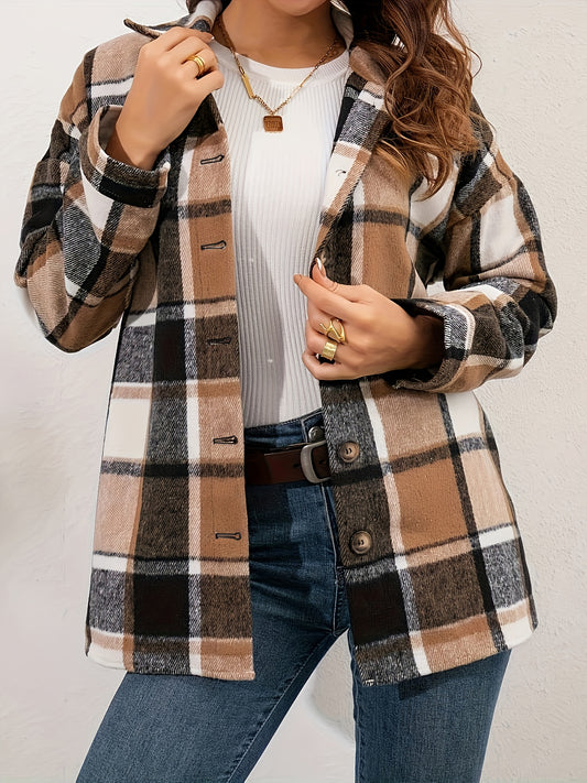 Women's Cozy Plaid Flannel Shirt - Long Sleeve, Button-Up Casual Top with Lapel Collar, Machine Washable - Perfect for Fall/Winter