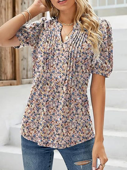 Womens Tunic Tops V Neck Shirts Short Sleeve Summer Puff Pleated Casual Blouses Puff Pleated Work Blouse Fashion Tops