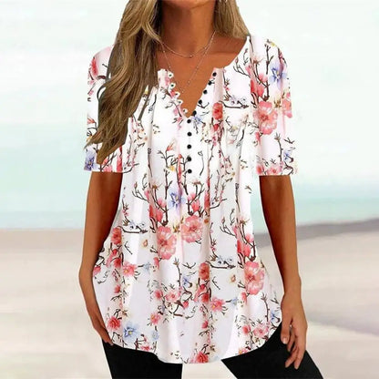 Women Summer T-shirt Flower Print V Neck Short Sleeves Women Top Vintage Mid Length Loose Top Female Clothes