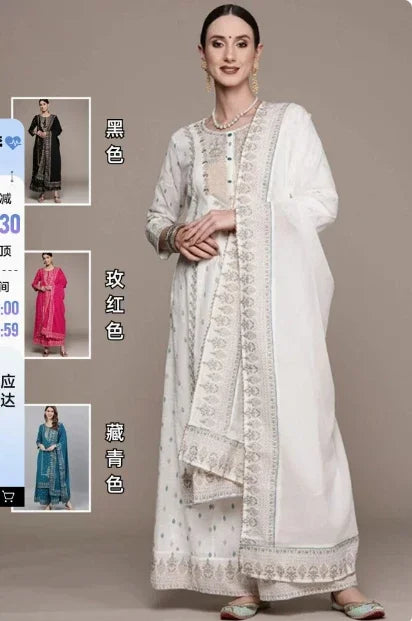 Indian Apparel Women's Set 3-Piece Cotton Printed White Indian Traditional Dress Cotton Dress Suit Pakistani Clothing